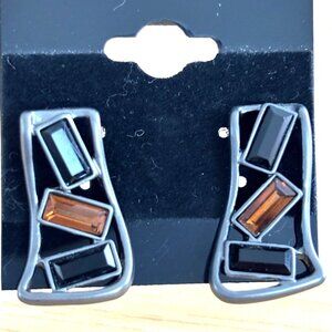 Modern Geometric Rectangular Stone Post Earrings Black & Amber Colors Metal Fram